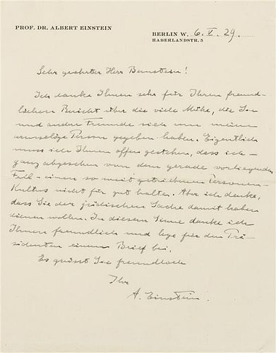 * EINSTEIN, Albert (1879-1955). Autograph letter signed ("A. Einstein"), in German, to Herr [Herman] Bernstein. Berlin, 6 May