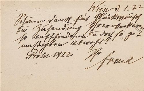 * FREUD, Sigmund (1856-1939). Autograph note on postcard signed ("Freud"), in German, to Dr. [Ulrich] Gr-ninger. Vienna,