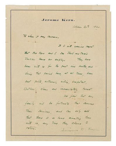 * KERN, Jerome (1885-1945). Autograph letter signed ("Jerome D. Kern"), in green ink, to an unnamed recipient. N.p., 20 Octob