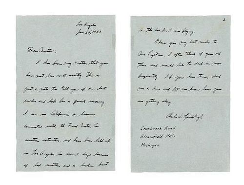 * LINDBERGH, Charles (1902-1974). Autograph letter signed ("Charles A. Lindbergh"), to Martin. Los Angeles, 26 January 1943.