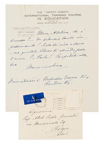 * MONTESSORI, Maria (1870-1952). Autograph letter signed ("Mammolina"), to Adele Costa Gnocchi. London, n.d. [c.1946].