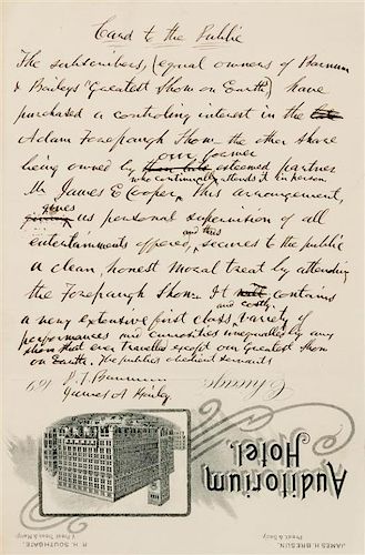 * BARNUM, Phineas Taylor (1810-1891). Autograph manuscript signed ("P.T. Barnum"), "To the public," Chicago, [1890s].