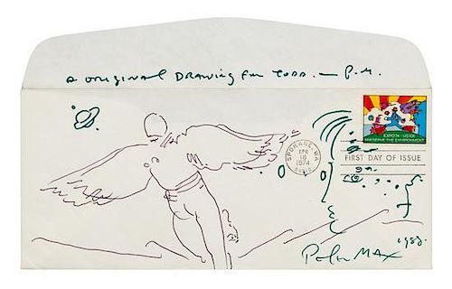 * MAX, Peter (b.1937). Original pen drawing on envelope with 1974 Expo stamp designed by Max on first day of issue, signed lo