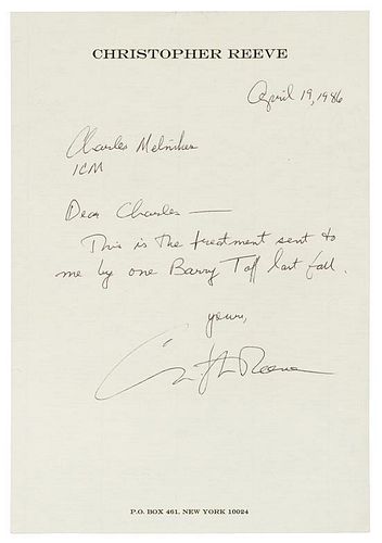 * REEVE, Christopher (1952-2004). Autograph note signed ("Christopher Reeve"), to Charles Melniher. New York, 19 April 1986.