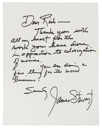 * STEWART, James (1908-1997). Autograph letter signed ("James Stewart"), to Rich. N.p., n.d.