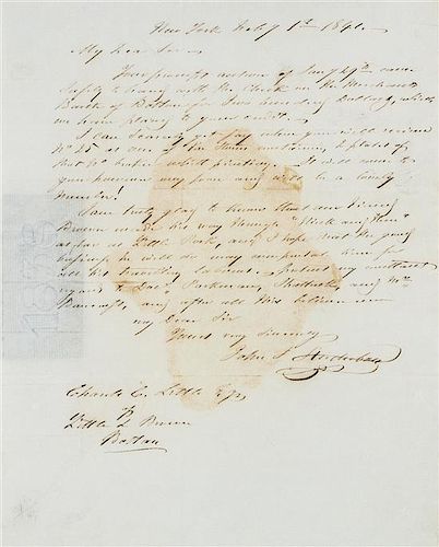 * AUDUBON, John J. Autographed letter signed ("John J. Audubon"), to Charles C. Little, of Little & Brown Boston, New York, 1