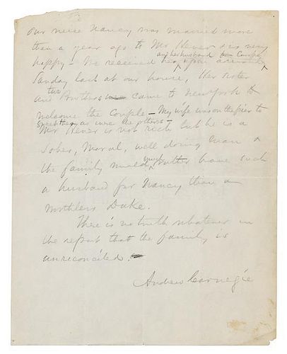 * CARNEGIE, Andrew. Partial Autographed letter signed ("Andrew Carnegie"), to an unnamed recipient, n.p., n.d. [but probably 