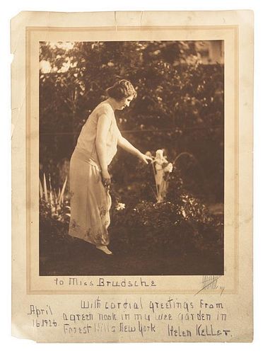 * KELLER, Helen (1880-1968). Photograph signed and inscribed on mount ("Helen Keller"), to Miss Brudsche, Forest Hills, NY, 1