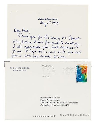* CLINTON, Hillary Rodham. Autographed letter signed ("Hillary"), as First Lady, to Illinois Senator Paul Simon, Washington, 