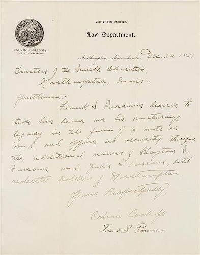 * COOLIDGE, Calvin. Early autographed letter signed ("Calvin Coolidge"), to the Trustees of the Smith Charities, Northampton,