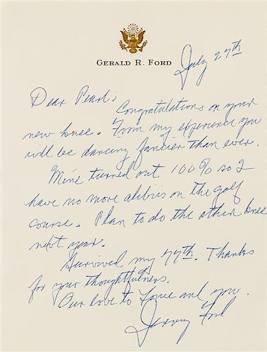 * FORD, Gerald (1913-2006). Autograph letter signed ("Jerry Ford"), to Pearl [Bailey]. N.p., 27 July 1980.