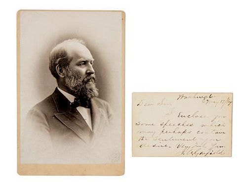 * GARFIELD, James A. Autographed letter signed ("J.A. Garfield"), as Congressman, to an unnamed recipient, Washington, D.C., 