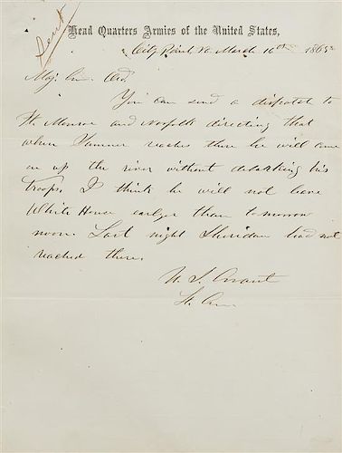 * GRANT, Ulysses S. (1822-1885). Autographed letter signed ("U.S. Grant Lt. Gen."), to Edward Otho Cresap Ord, 16 March 1865.