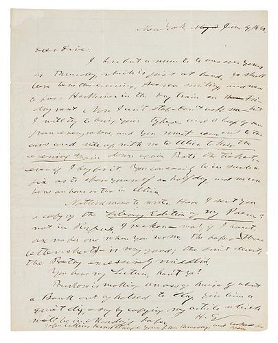 * GREELEY, Horace (1811-1872). Autograph letter signed ("H.G."), to an unnamed recipient. New York, 4 June 1842.