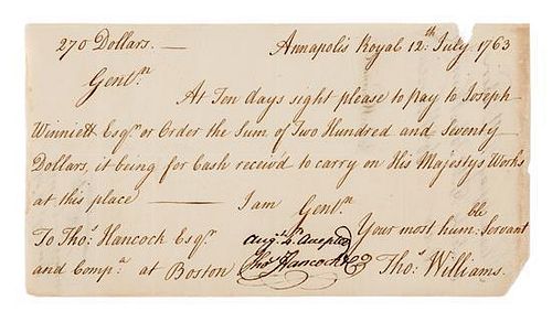 * HANCOCK, John. Autographed note signed ("Accepted/Tho. Hancock"), to Thomas Hancock and Company Boston, Annapolis Royal, 12