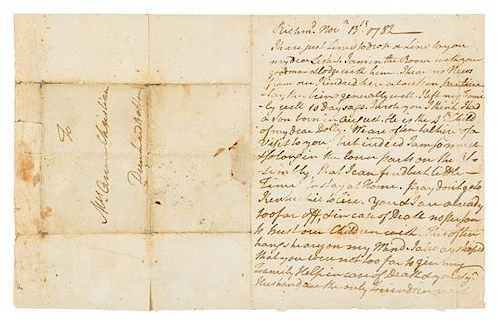* HENRY, Patrick. Autographed letter signed ("P. Henry"), to his sister Anne Christian Dunkard Botton, Richmond, 13 November 