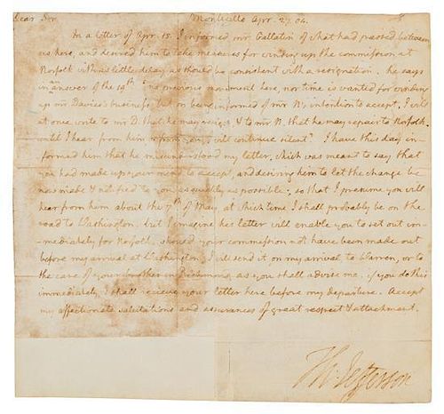 * JEFFERSON, Thomas (1743-1826). Autographed letter signed ("Th. Jefferson"), as President, to Wilson Cary Nicholas, 27 April