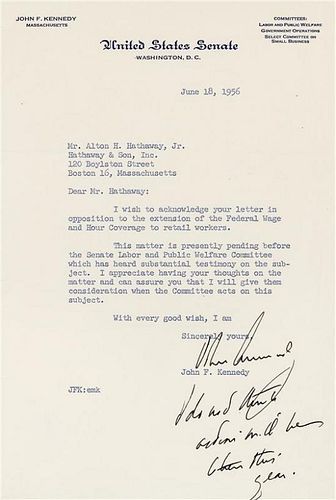 * KENNEDY, John Fitzgerald. TLS ("John Kennedy") with inscribed postscript, to Mr. Alton H. Hathaway, Jr., Washington, D.C., 