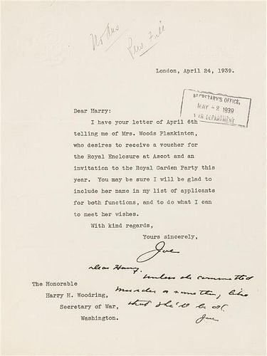 * KENNEDY, Joseph P.Typed letter signed ("Joe") with autographed note signed ("Joe"), as Ambassador to Great Britain, Lndn, 2