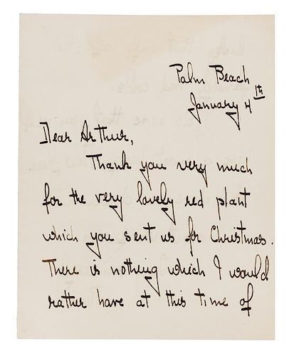 * KENNEDY, Rose Fitzgerald (1890-1995). Autograph letter signed ("Rose"), to Arthur Goldsmith. Palm Beach, 4 January (no year