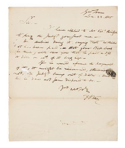 * KEY, Francis Scott (1779-1843). Autograph letter signed ("F. S. Key"), to Mr. William Taylor. Georgetown, 23 December 1815.