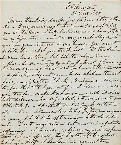 * LEE, Robert E. (1807-1870). Autographed letter signed ("R E Lee"), to an unnamed recipient ("My dear Major"), 31 August 184