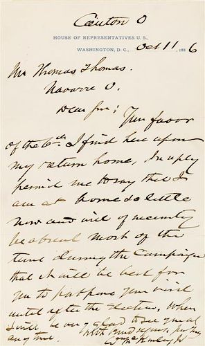 * McKINLEY, William. Autographed letter signed ("Wm. McKinley"), as Representative for the state of Ohio, Canton, OH, 11 Octo