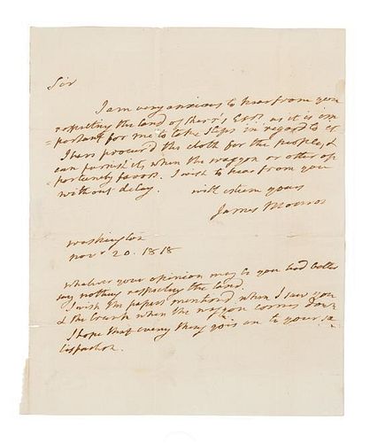 * MONROE, James. Autographed letter signed ("James Monroe"), as President, to an unnamed recipient, Washington, D.C., 20 Nove