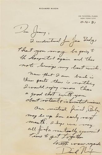 * NIXON, Richard (1913-1994). Autograph letter signed ("Dick Nixon"), to James Crosby. New York, 16 November 1981.