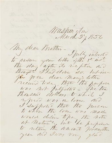 * PIERCE, Franklin. Autographed letter signed ("Franklin Pierce"), as President, to Hon. John Aiken, Andover, MA, 27 March 18