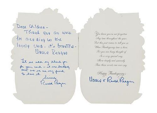 * REAGAN, Ronald and Nancy REAGAN. Autographed notes twice signed ("Nancy Reagan" and "Ronald Reagan"), n.p., n.d.
