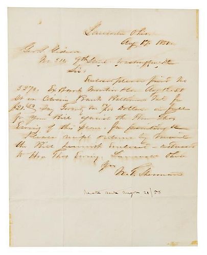 * SHERMAN, William Tecumseh (1820-1891). Autograph letter signed ("W.T. Sherman"), to Geo. S. Gideon. Washington, D.C., 17 Au