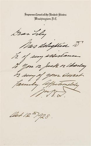 * TAFT, William Howard. Autographed letter signed ("Wm. H.T."), as Chief Justice of the Supreme Court, to Lily, Washington, D