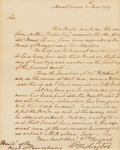 * WASHINGTON, George (1732-1799). Autographed letter signed ("Go: Washington"), to Samuel M. Fox., 10 June 1799.