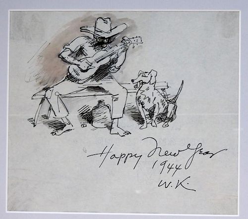 Walt Francis Kuhn WC & Ink Happy New Year Drawing