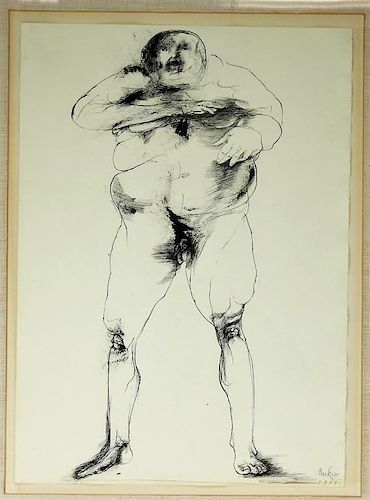 Leonard Baskin Abstract Male Nude Pen Ink Drawing