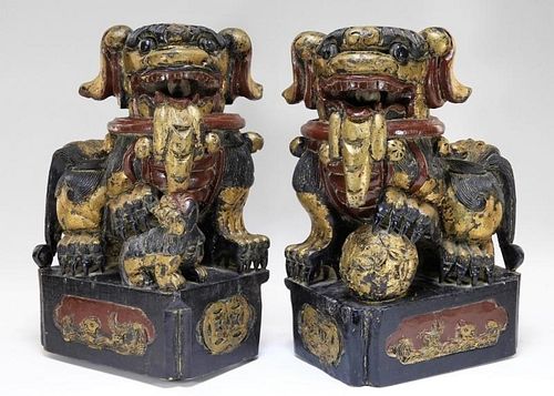 19C. Chinese Carved Gilt Lacquered Wood Foo Dogs