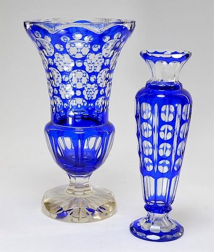 2 19C Victorian Bohemian Blue Cut Clear Glass Vase