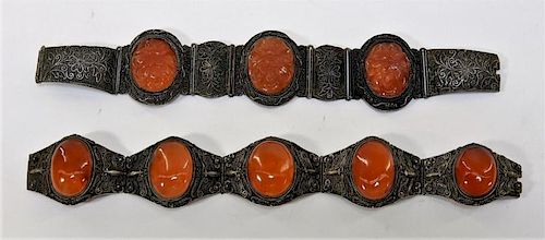 2 Chinese Agate & Silver Filigree Bracelets