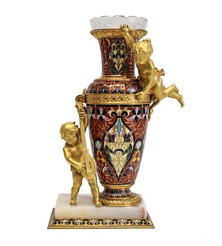 Champleve Enamel Figural Gilt Bronze Vase