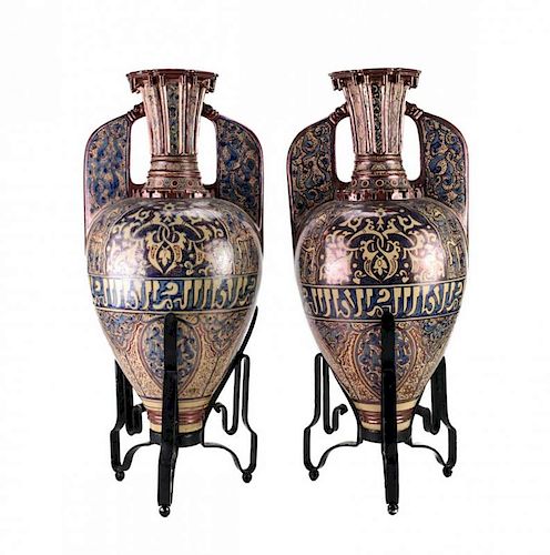 19th C Pair Alhambra Glazed Pottery Amphora Urns