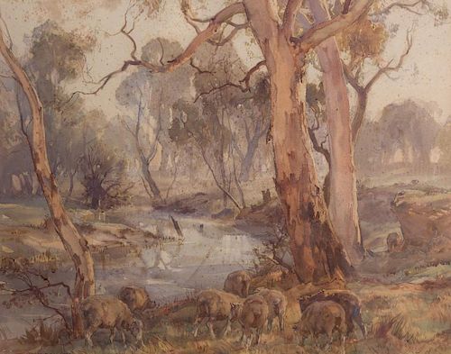 Hans Heysen, (German/Australian, 1877-1968), Riverscape with Cattle Grazing