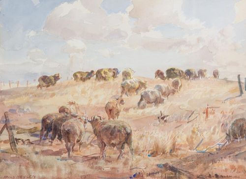 Hans Heysen, (German/Australian, 1877-1968), Sheep in Wooded Landscape, 1920