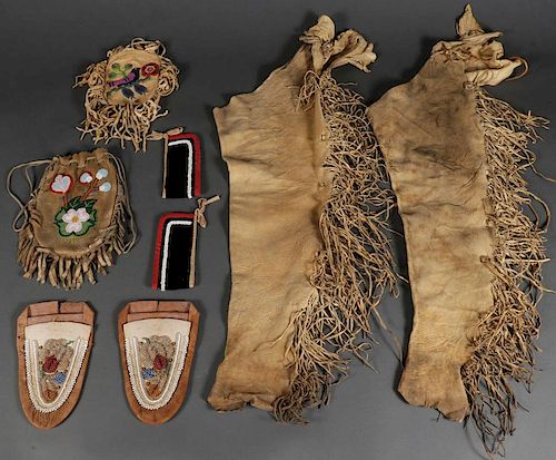 A GROUP OF NATIVE AMERICAN BEADED HIDE ITEMS