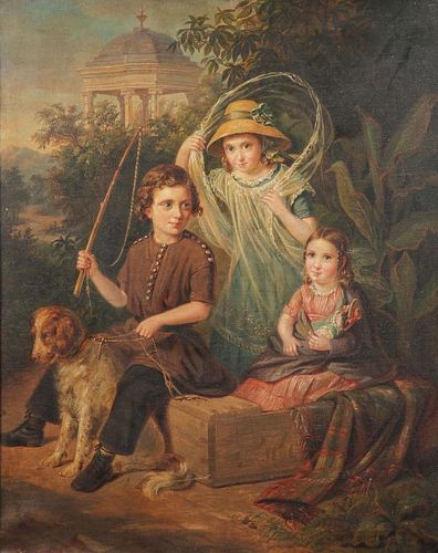 19TH C. OIL ON CANVAS PAINTING OF CHILDREN & DOG