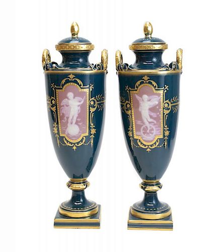 Pair Minton Pate-Sur-Pate Decorated Urns by A Birks