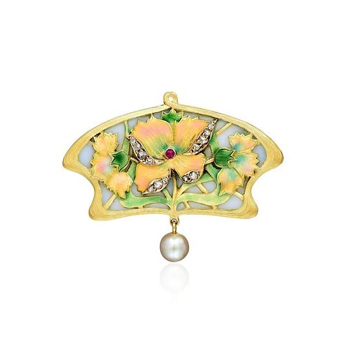 Art Nouveau Enamel and Pearl Pendant/Pin