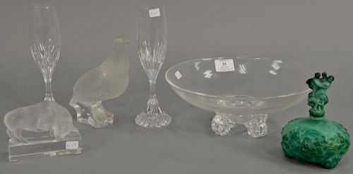 Group of Lalique quail, Lalique clear and frosted glass bull, pair of Baccarat stems, Steuben footed bowl (ht. 4in., dia. 10 