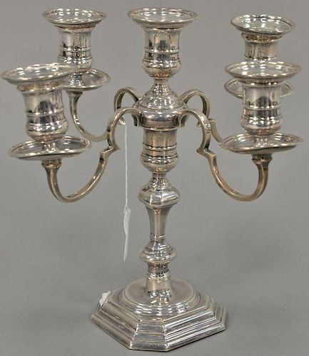 English silver five light candelabra (slight bend). ht. 10 1/2in.   Provenance: The Estate of Thomas F Hodgman of Fairfield, 