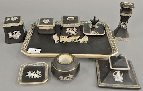 Nine piece Fenton and Pratt old Greek dresser set to include tray (8 1/2" x 11 1/2") hairpin holder, inkwell, ring holder, tw